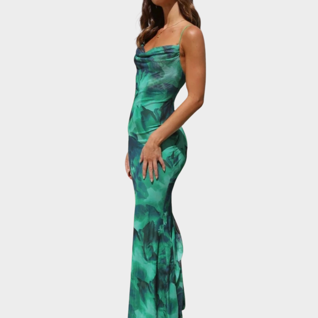 Women's Elegant Long Dress – Open Back – Printed Design – Green