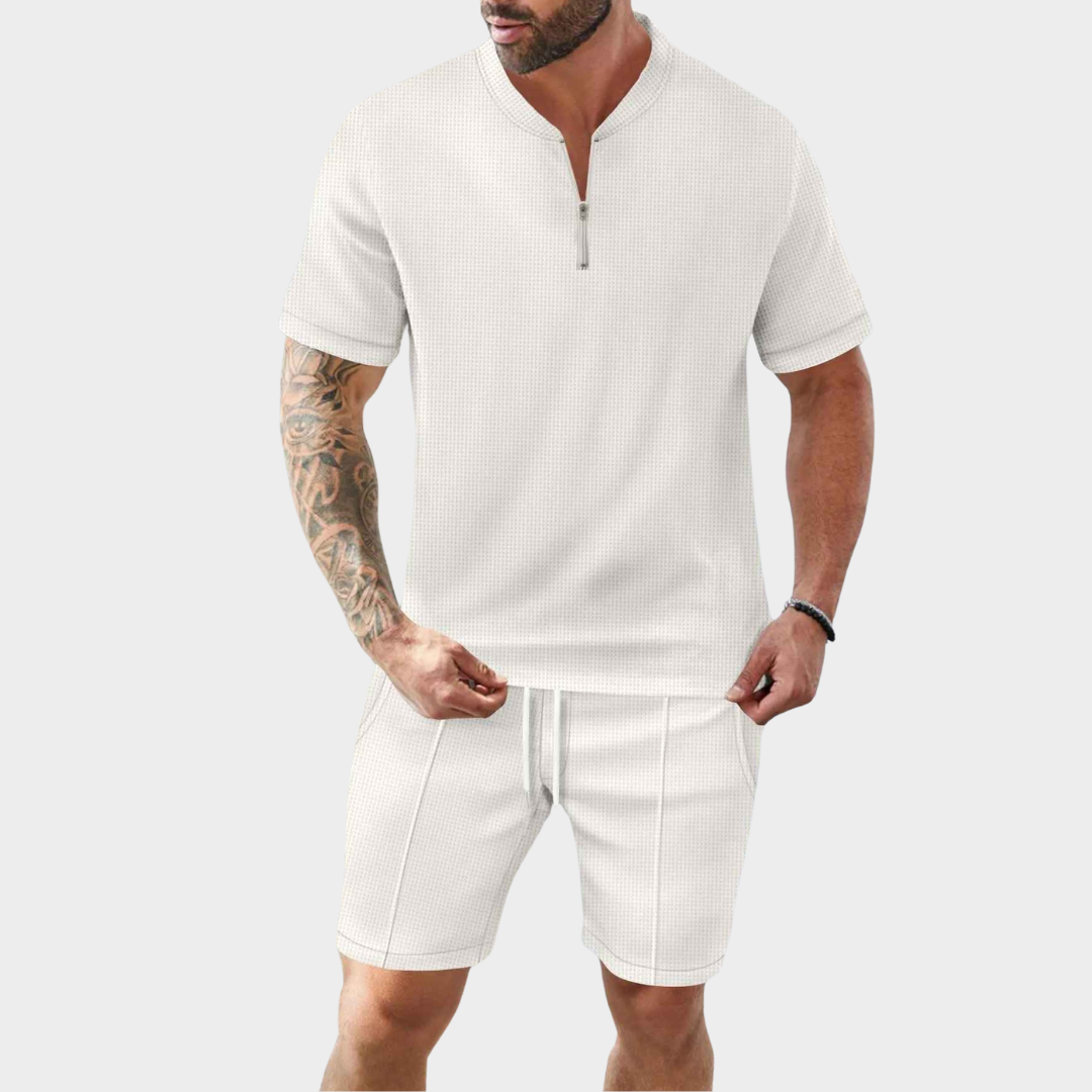 Men's Co-Ord Set – Waffle Textured Zip Collar Short Sleeve Shirt with Matching Shorts – Multiple Colours
