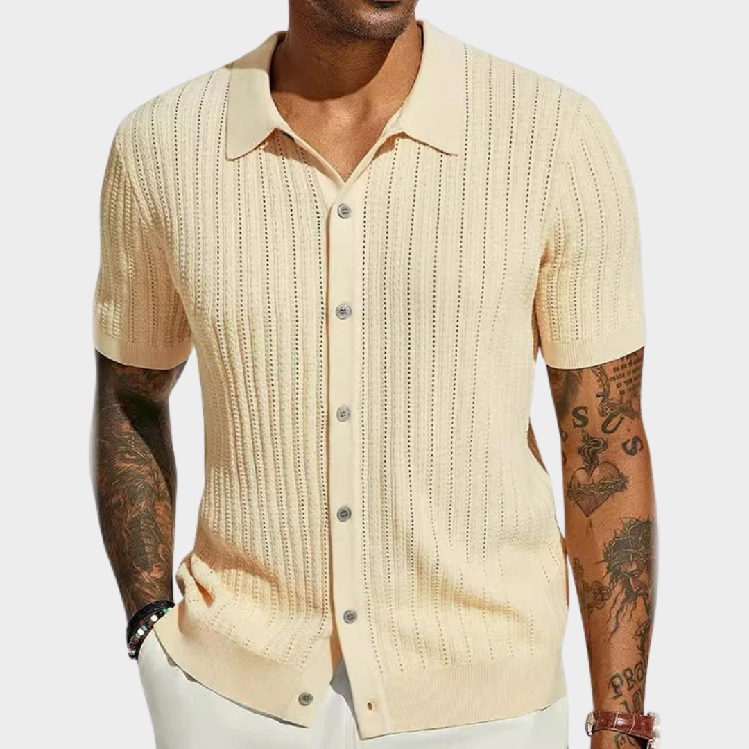 Men’s Short Sleeve Shirt – Hollow Knit Design – Buttoned Lapel – Breathable Lightweight Fit – Multiple Colours