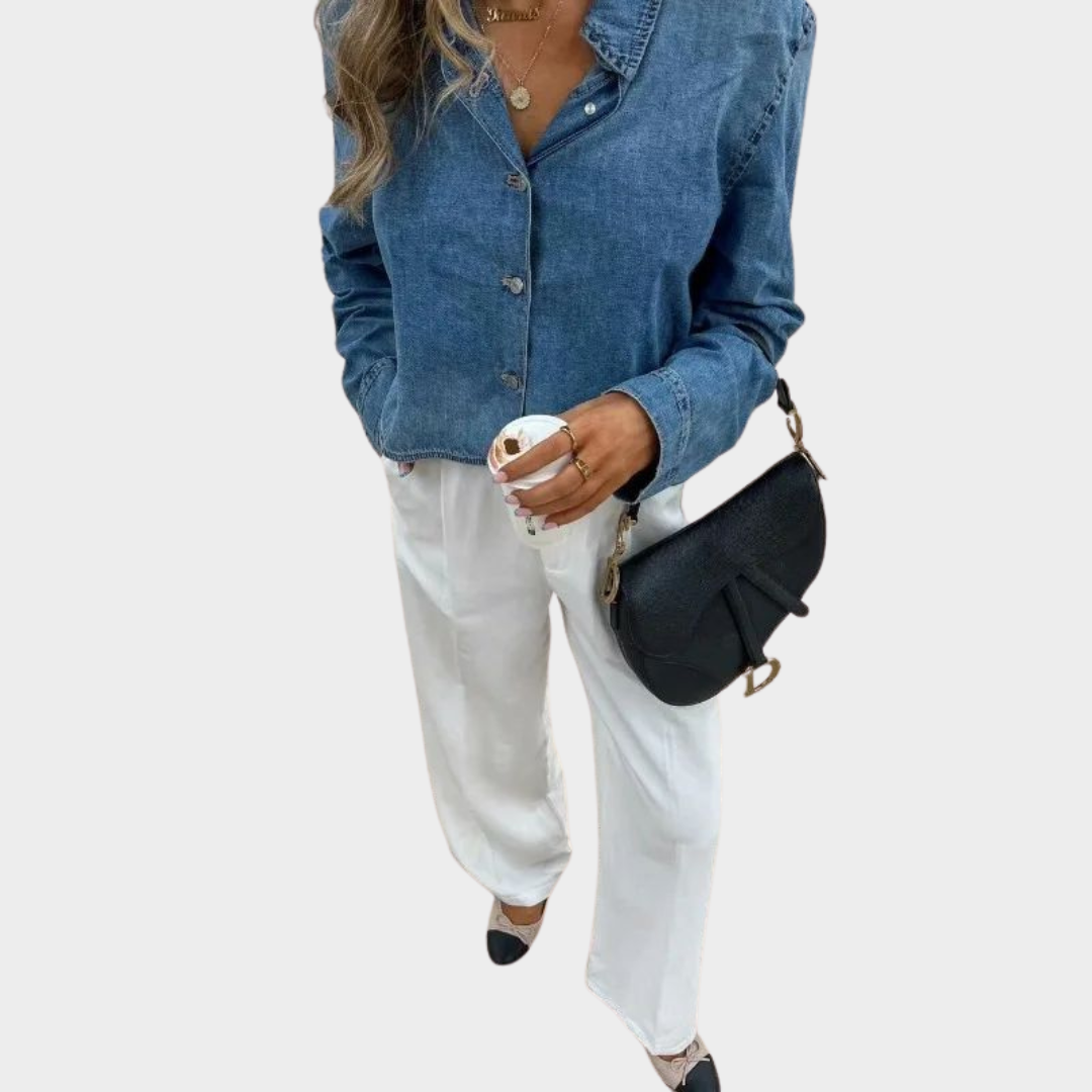 Women's Backless Denim Shirt – Long Sleeve – Vintage Blouse – Stylish Casual Top – Blue