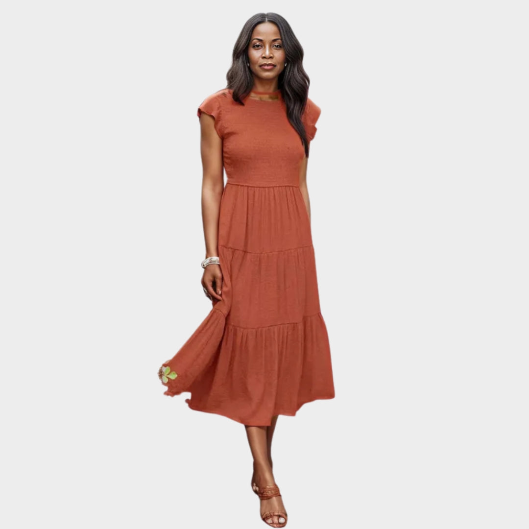 Sleeveless Women's Layered Midi Dress – Smocked Elastic Waist, Round Neckline, Summer Beach Style, Black, White, Green, Pink