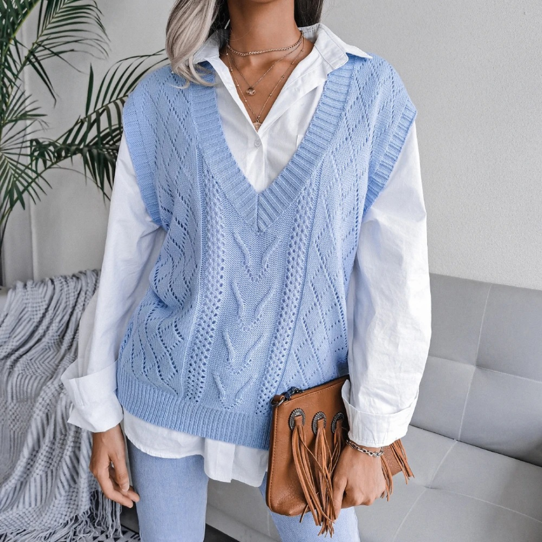 Women Knitted Vest – Relaxed Fit Cable Knit V-Neck Hip Length Layering Piece – Multiple Colours