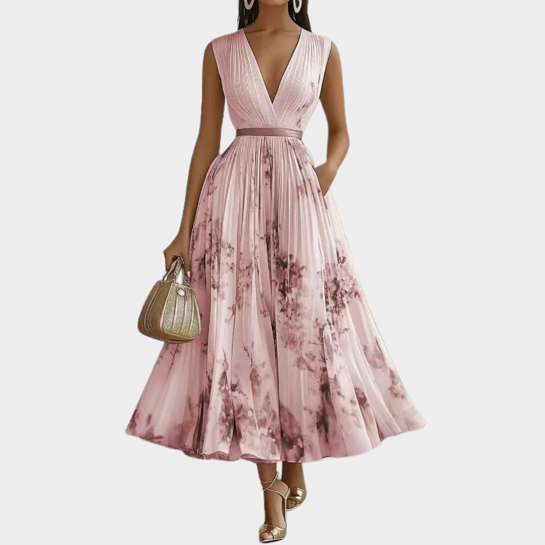 Women’s Sleeveless A-Line Maxi Dress – Deep V-Neck with High Waist and Floral Print – Lightweight Polyester – Multiple Colours
