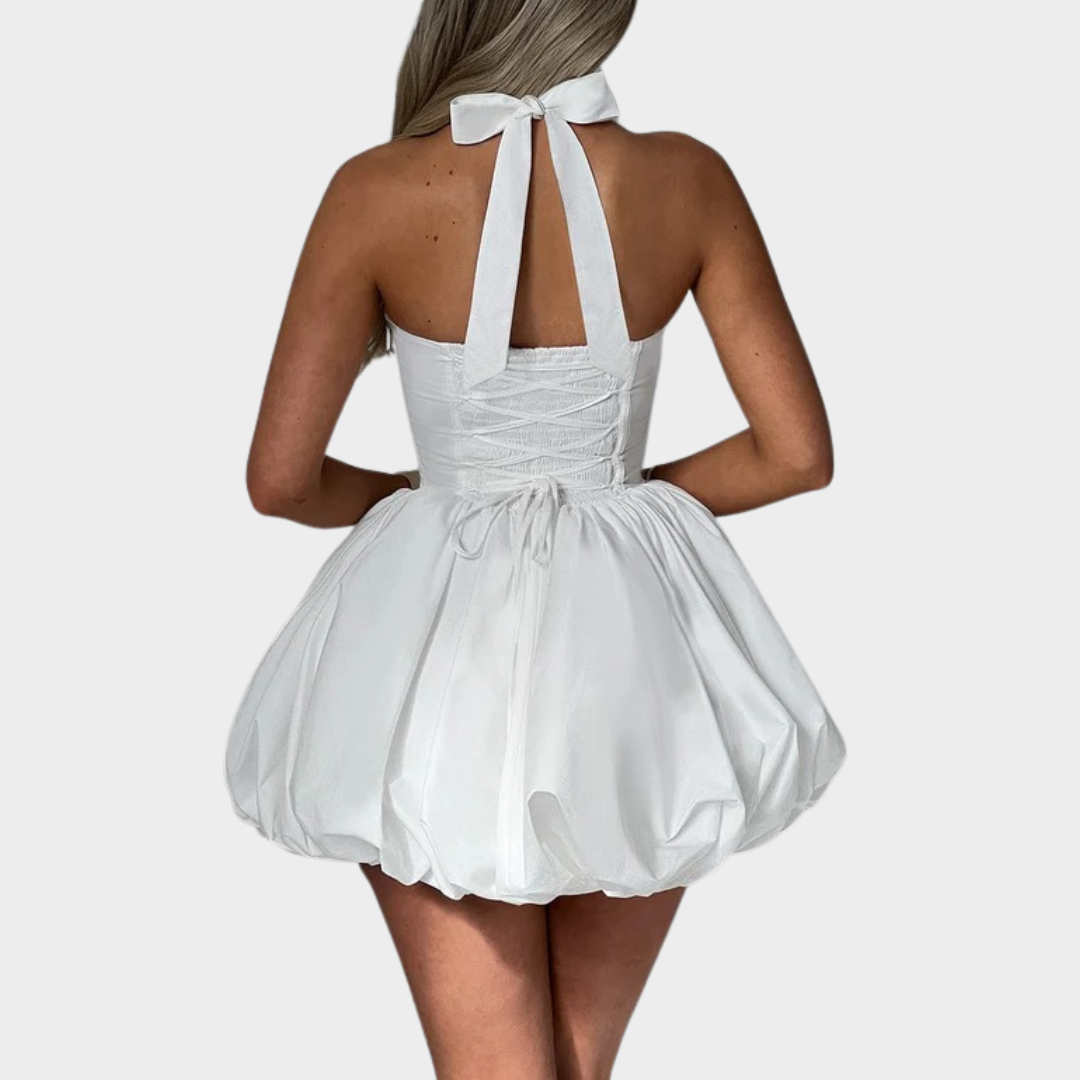 Women’s Mini Dress – Square Halter Neckline – Puffball Skirt – Lace Up Back – Princess Seam Detailing – Premium Cotton Blend – Multiple Colours