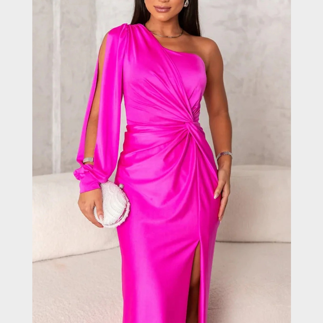 Women Evening Maxi Dress – Elegant Party Long Dress with Backless Split Design and Diagonal Collar Tight Waist Silhouette – Multiple Colours