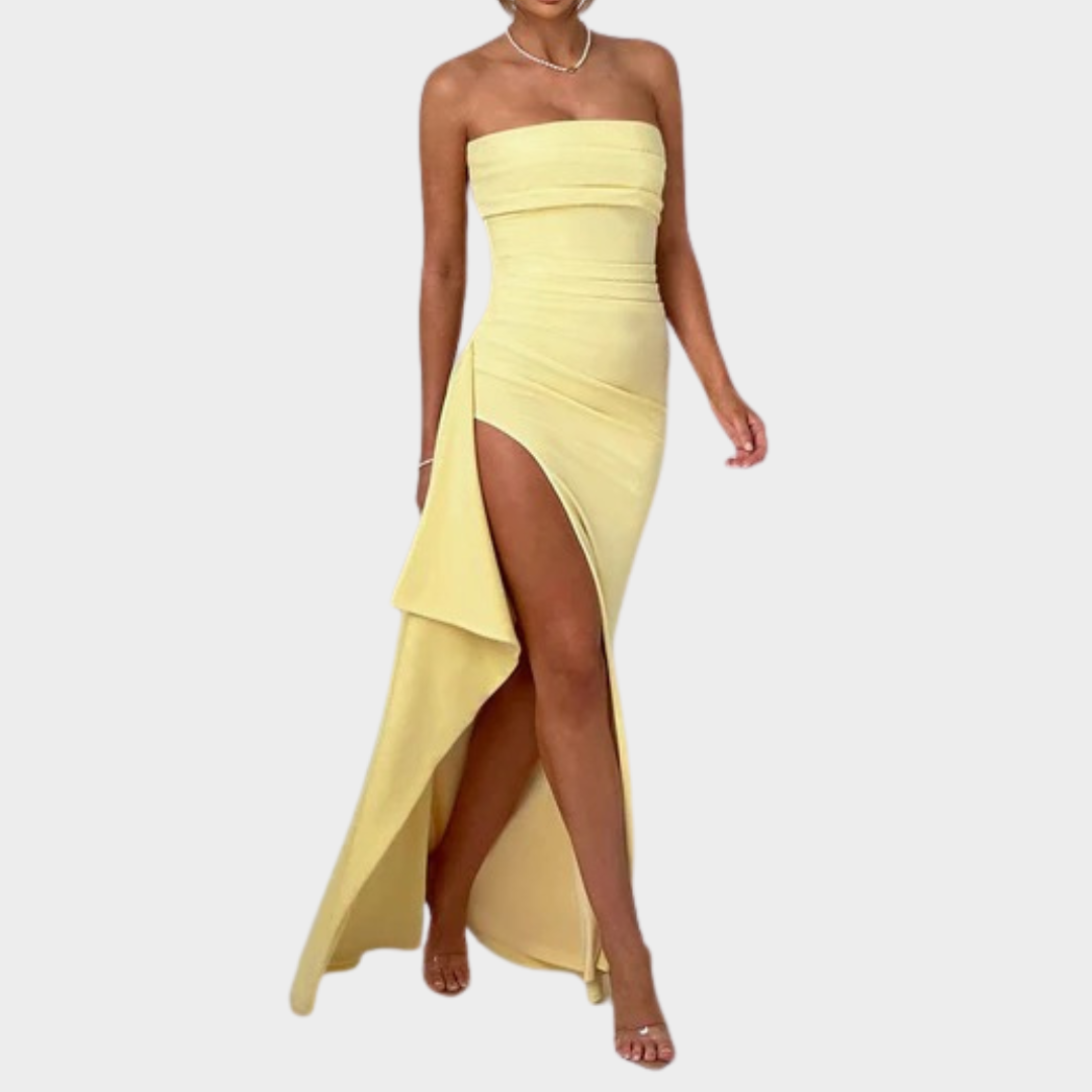 Women’s Maxi Dress – Strapless Bodycon Fit with Pleated Bust, Thigh High Split and Draped Detail in Luxury Stretch Crepe – Multiple Colours