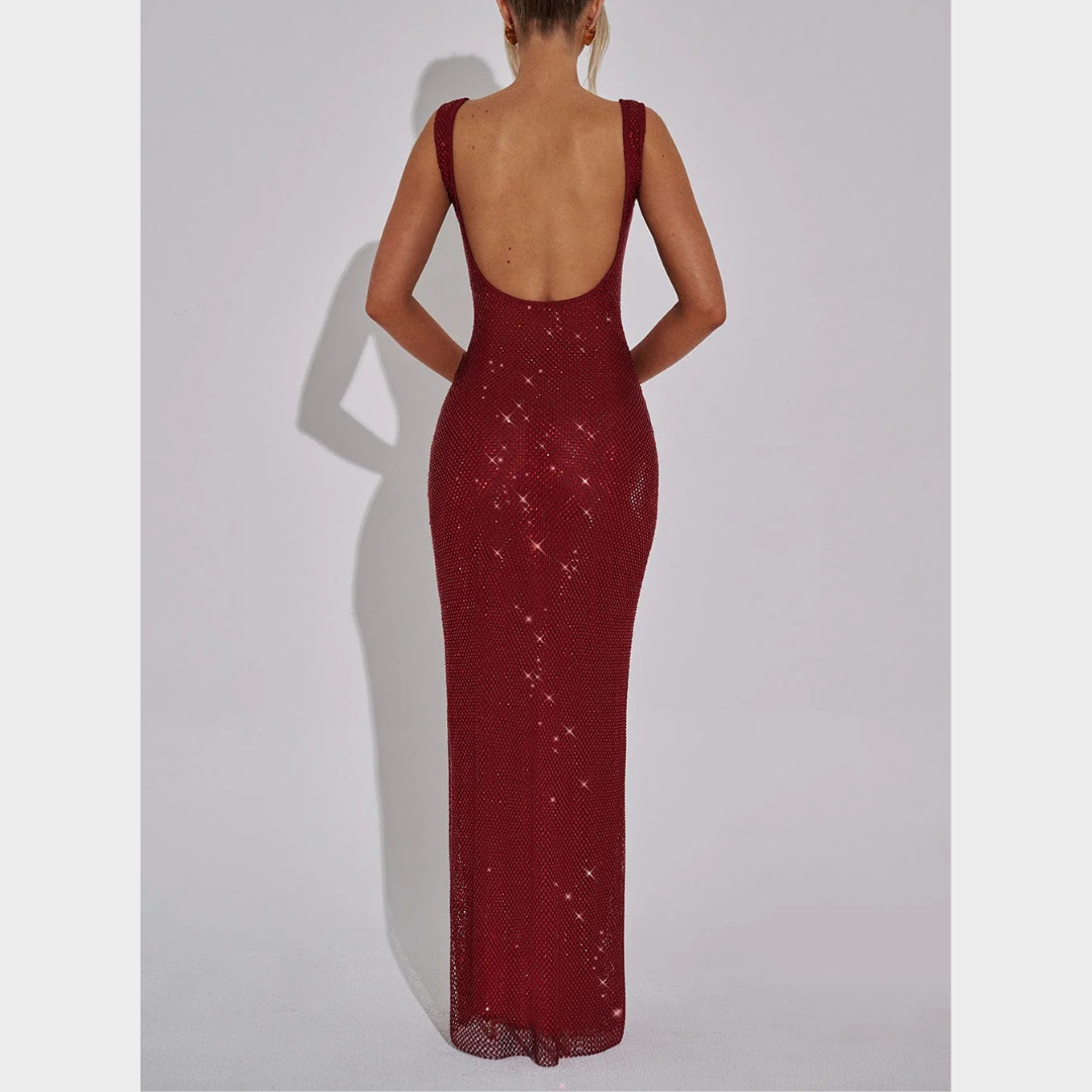 Women Petra Maxi Dress – Elegant Evening Long Dress with Rhinestone Embellished Stretch Net and Square Neckline – Multiple Colours