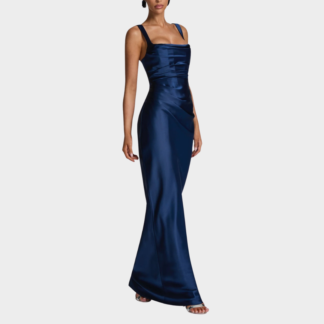 Women Slim Fit Satin Maxi Dress – Elegant Long Dress with Pleated Bodice Square Neckline and Lace Up Back – Multiple Colours