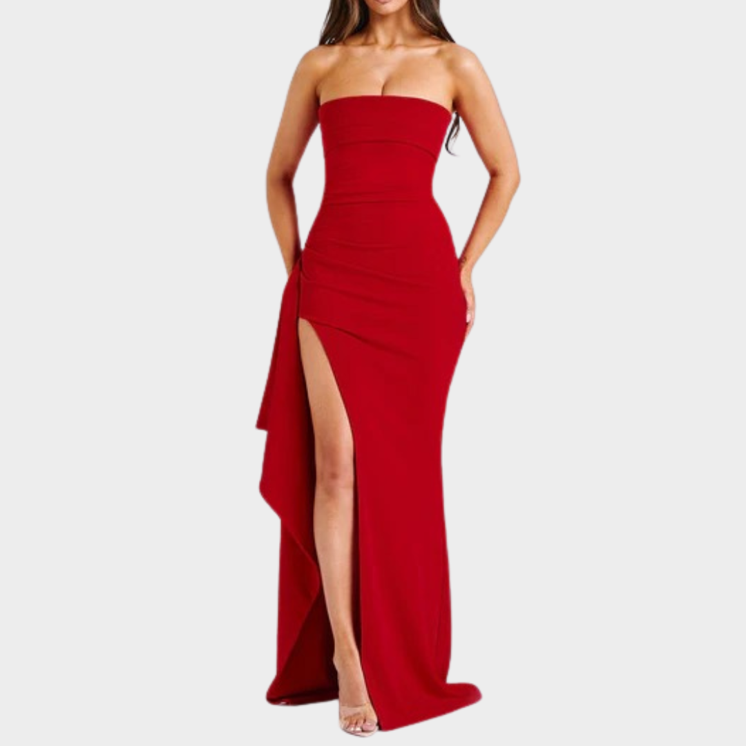 Women’s Maxi Dress – Strapless Bodycon Fit with Pleated Bust, Thigh High Split and Draped Detail in Luxury Stretch Crepe – Multiple Colours