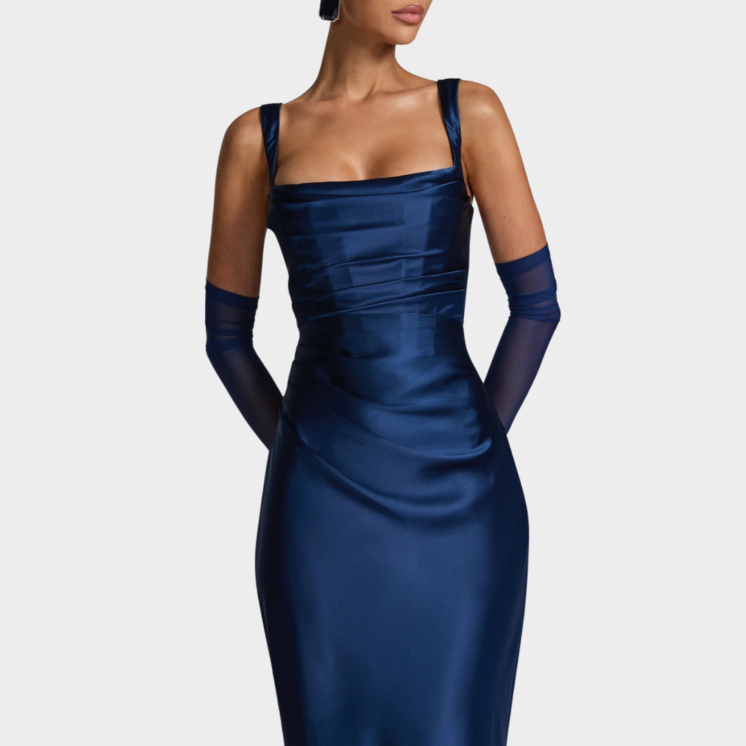 Women Slim Fit Satin Maxi Dress – Elegant Long Dress with Pleated Bodice Square Neckline and Lace Up Back – Multiple Colours
