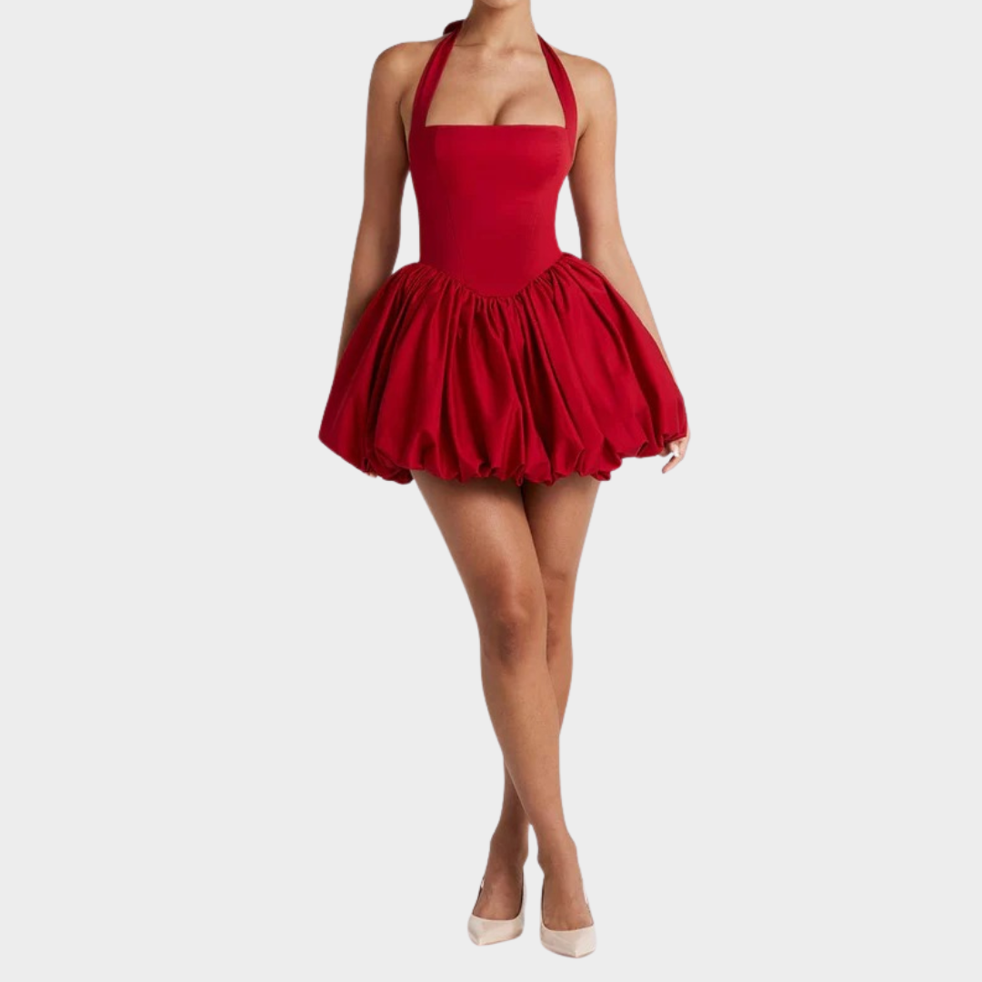 Women’s Mini Dress – Square Halter Neckline – Puffball Skirt – Lace Up Back – Princess Seam Detailing – Premium Cotton Blend – Multiple Colours