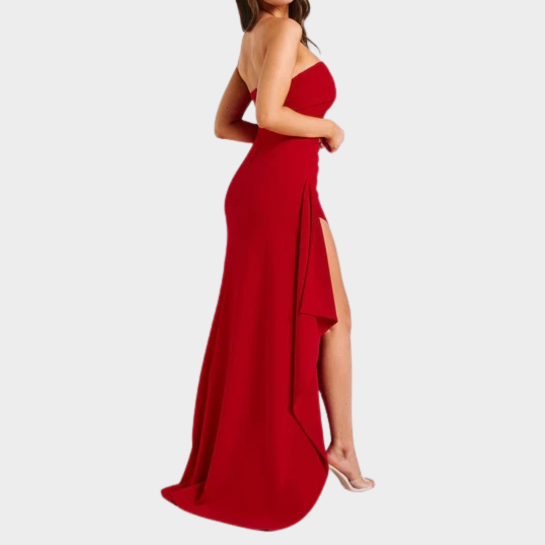 Women’s Maxi Dress – Strapless Bodycon Fit with Pleated Bust, Thigh High Split and Draped Detail in Luxury Stretch Crepe – Multiple Colours