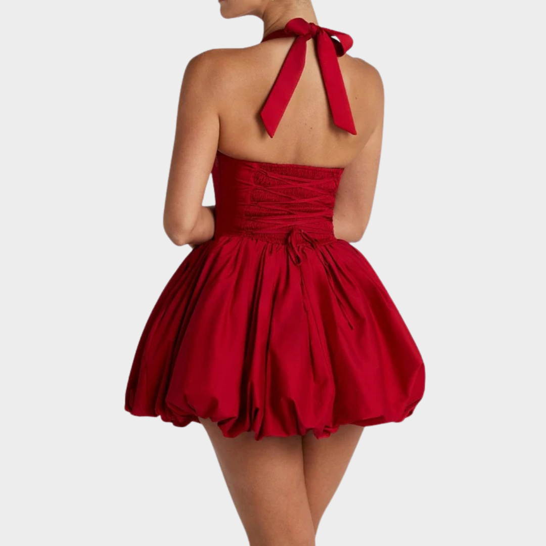 Women’s Mini Dress – Square Halter Neckline – Puffball Skirt – Lace Up Back – Princess Seam Detailing – Premium Cotton Blend – Multiple Colours