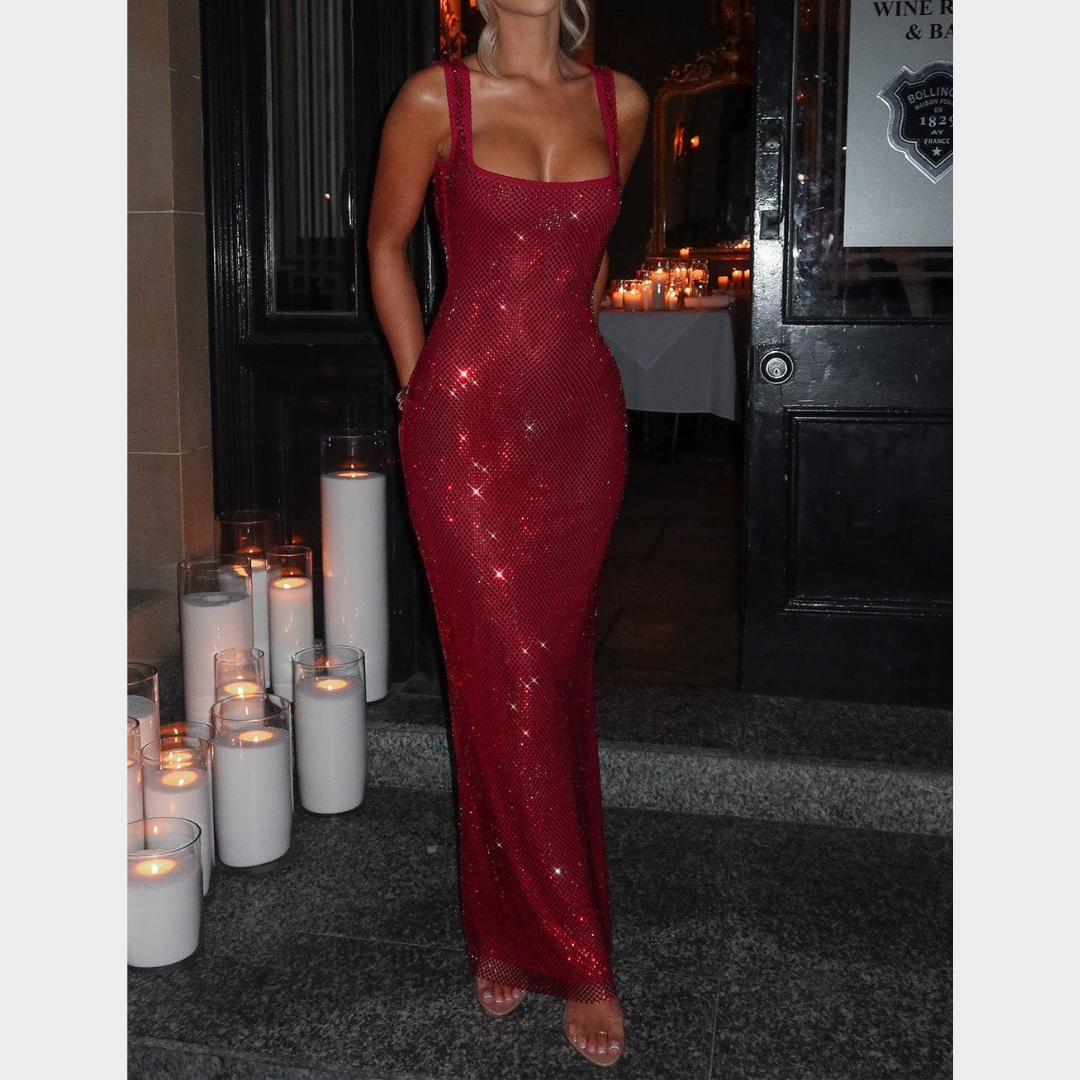 Women Petra Maxi Dress – Elegant Evening Long Dress with Rhinestone Embellished Stretch Net and Square Neckline – Multiple Colours