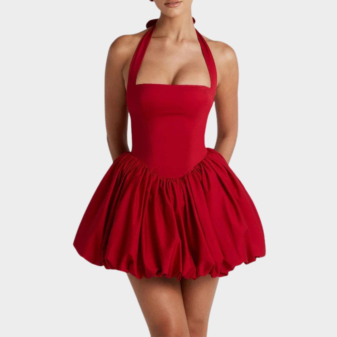 Women’s Mini Dress – Square Halter Neckline – Puffball Skirt – Lace Up Back – Princess Seam Detailing – Premium Cotton Blend – Multiple Colours