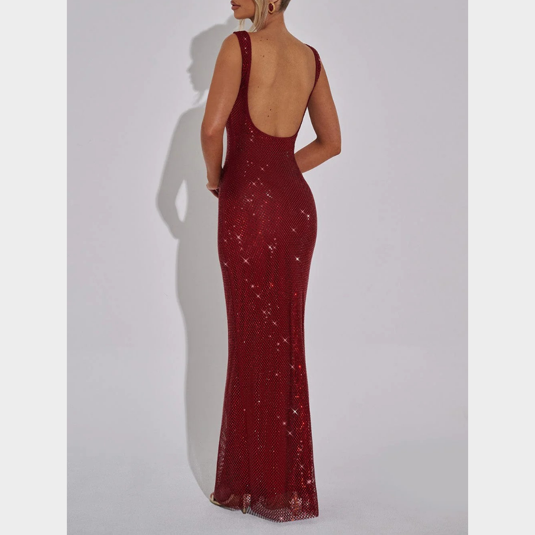 Women Petra Maxi Dress – Elegant Evening Long Dress with Rhinestone Embellished Stretch Net and Square Neckline – Multiple Colours