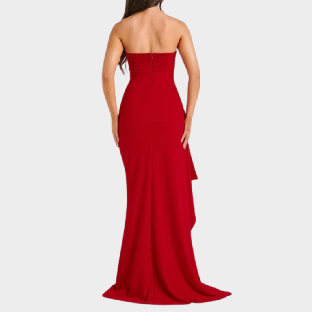 Women’s Maxi Dress – Strapless Bodycon Fit with Pleated Bust, Thigh High Split and Draped Detail in Luxury Stretch Crepe – Multiple Colours