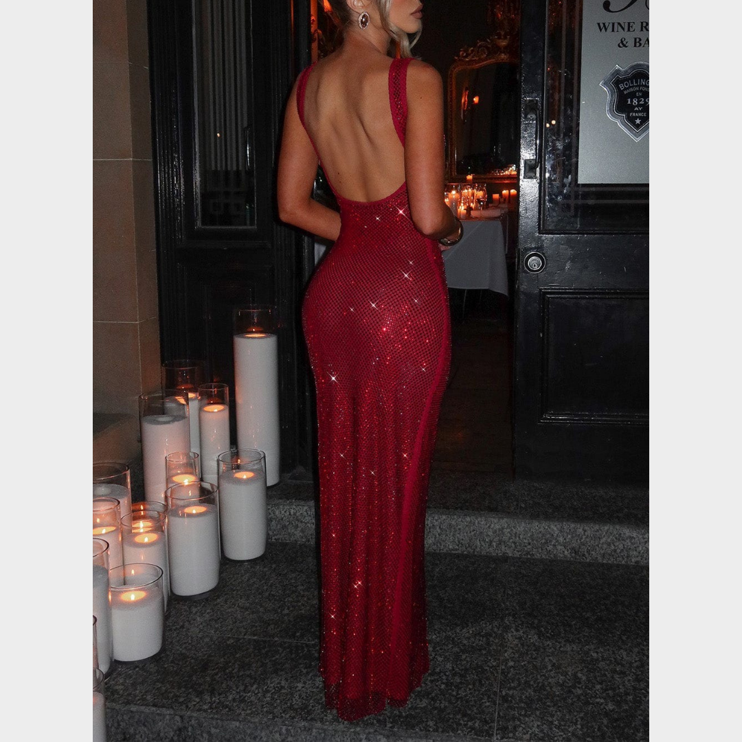 Women Petra Maxi Dress – Elegant Evening Long Dress with Rhinestone Embellished Stretch Net and Square Neckline – Multiple Colours