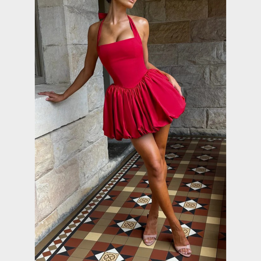 Women’s Mini Dress – Square Halter Neckline – Puffball Skirt – Lace Up Back – Princess Seam Detailing – Premium Cotton Blend – Multiple Colours