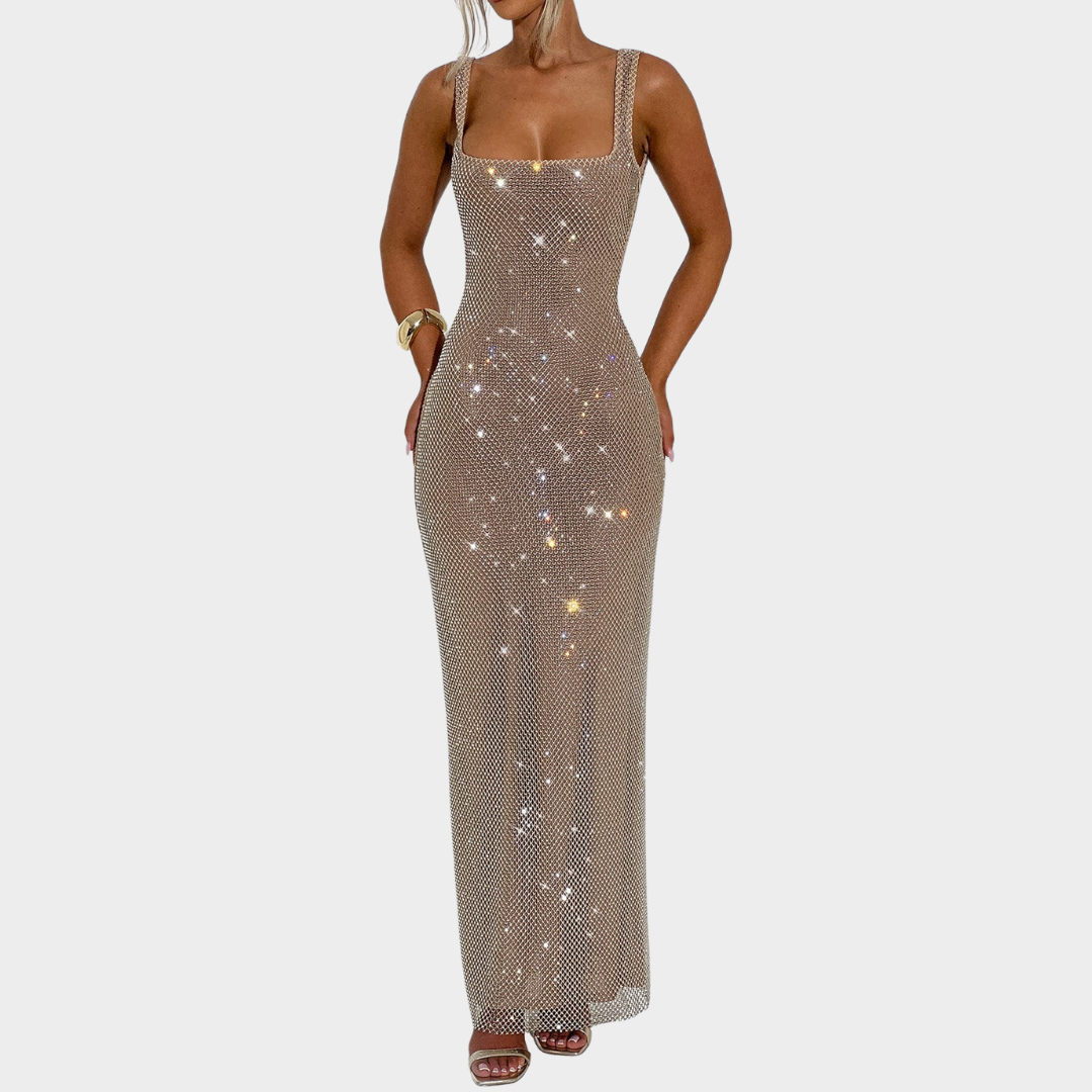 Women Petra Maxi Dress – Elegant Evening Long Dress with Rhinestone Embellished Stretch Net and Square Neckline – Multiple Colours