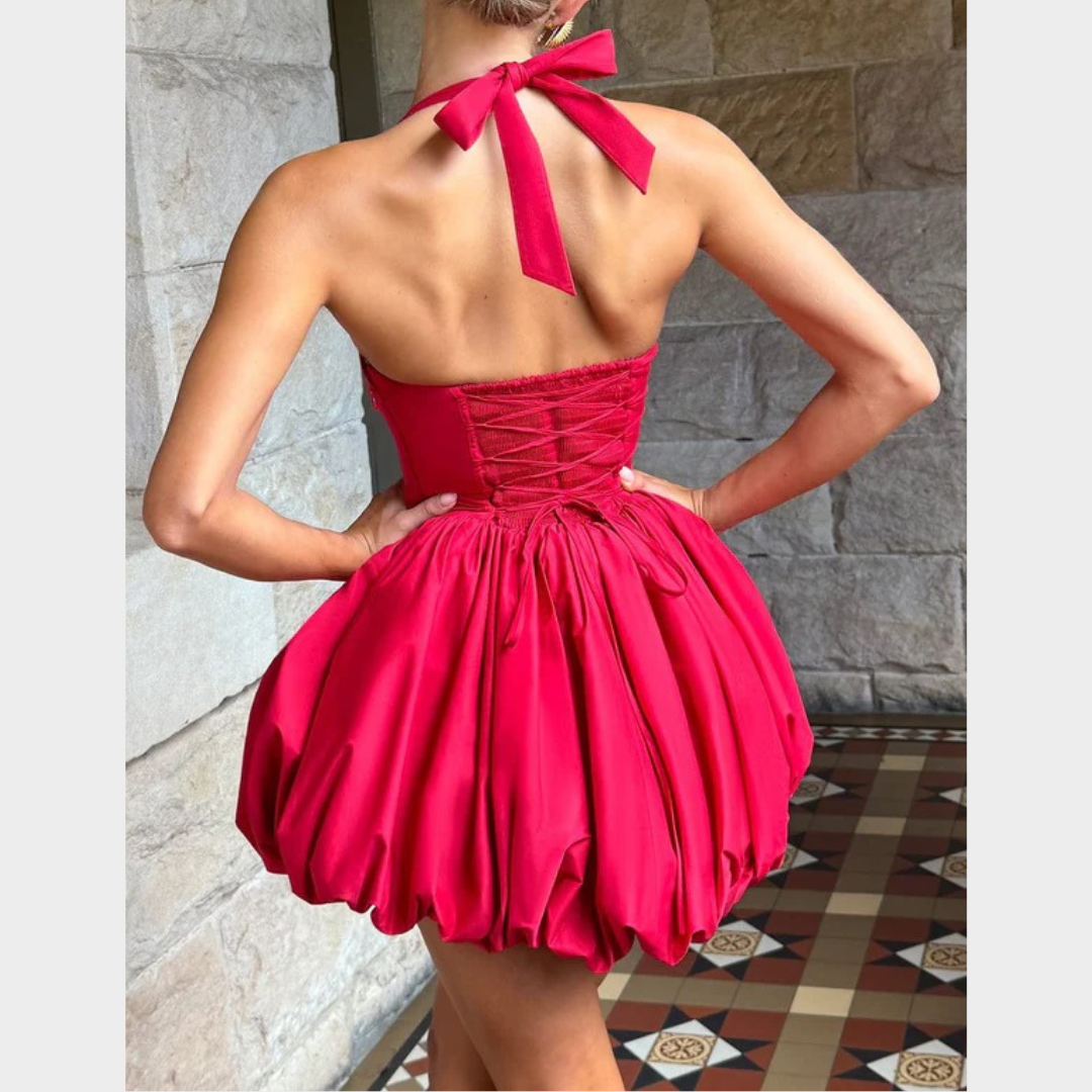 Women’s Mini Dress – Square Halter Neckline – Puffball Skirt – Lace Up Back – Princess Seam Detailing – Premium Cotton Blend – Multiple Colours