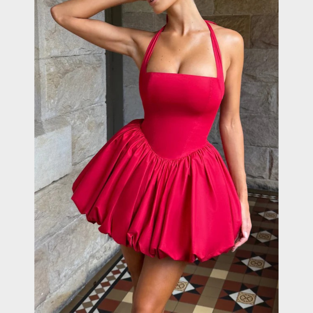 Women’s Mini Dress – Square Halter Neckline – Puffball Skirt – Lace Up Back – Princess Seam Detailing – Premium Cotton Blend – Multiple Colours