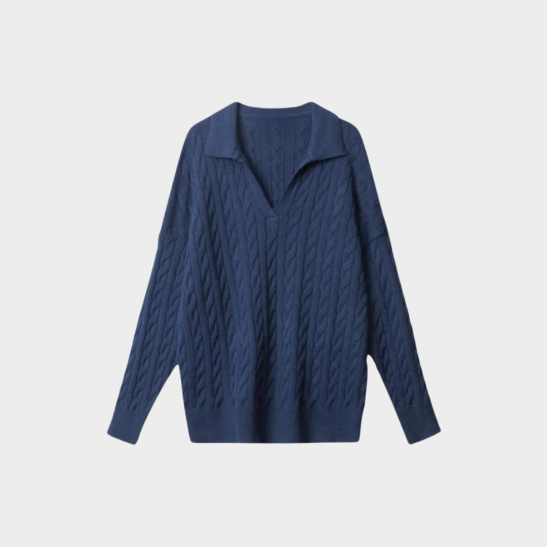 Women’s V-Neck Wool Sweater - Elegant Collar, Classic Tailored Design, Grey, Blue