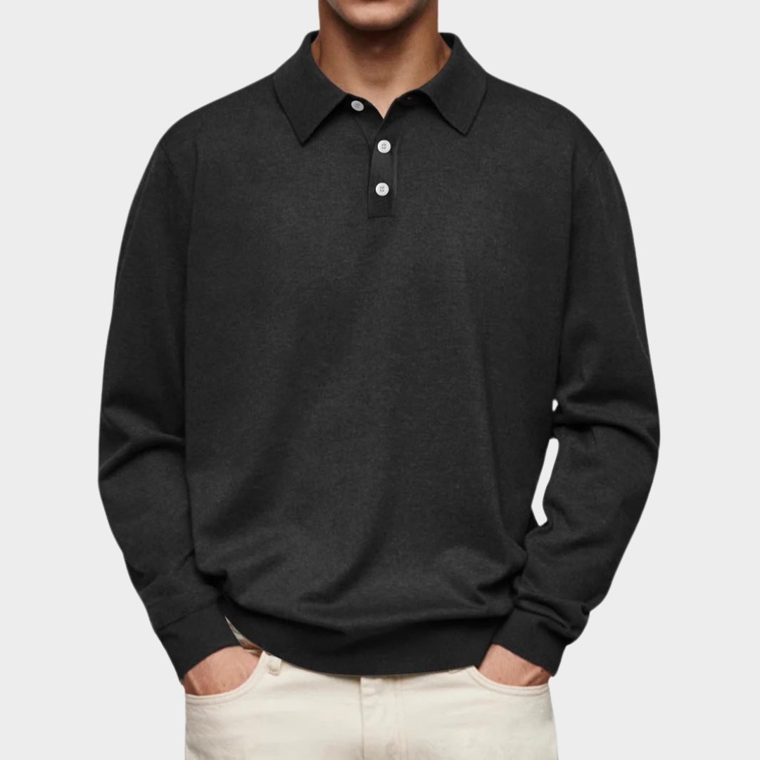 Men’s Long Sleeve Polo Sweatshirt – V-Neck Casual Fit – Velvet Texture with Button Detail – Multiple Colours