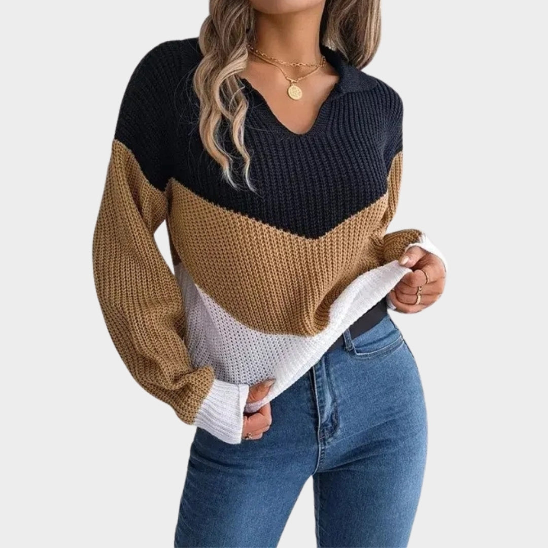 Autumn Winter Lapel Women’s Sweater - Thickened Warm Knit, Lantern Sleeve, Patchwork, Multi-Color