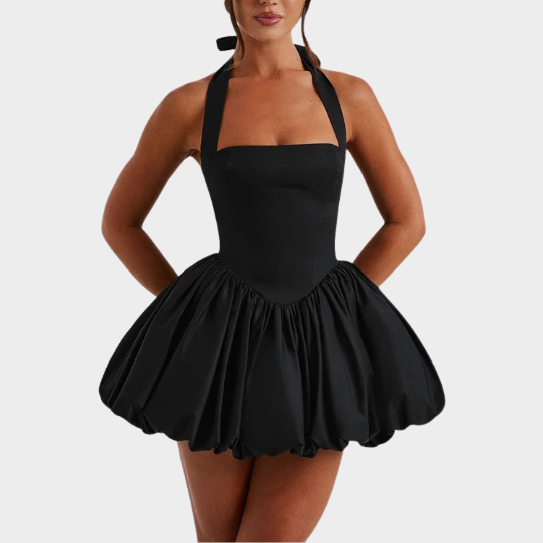 Women’s Mini Dress – Square Halter Neckline – Puffball Skirt – Lace Up Back – Princess Seam Detailing – Premium Cotton Blend – Multiple Colours