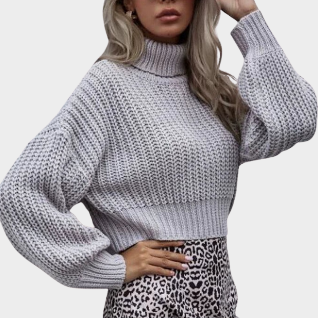 Women’s Sweater – Wool Blend Knit Cropped Fit – High Turtleneck – Balloon Sleeves – Multiple Colours