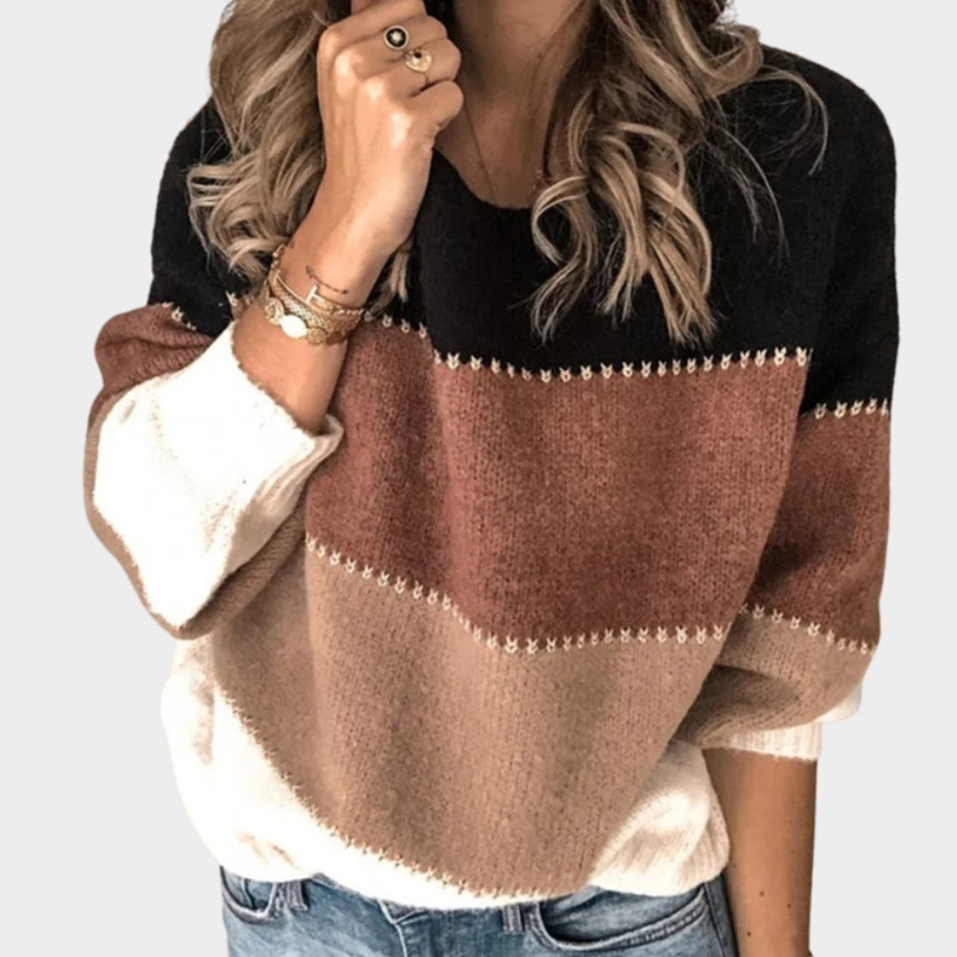 Autumn Winter Warm Color Blocking Women’s Sweater - Lantern Sleeve, O Neck, Loose Knitted Pullover, Multi-Color