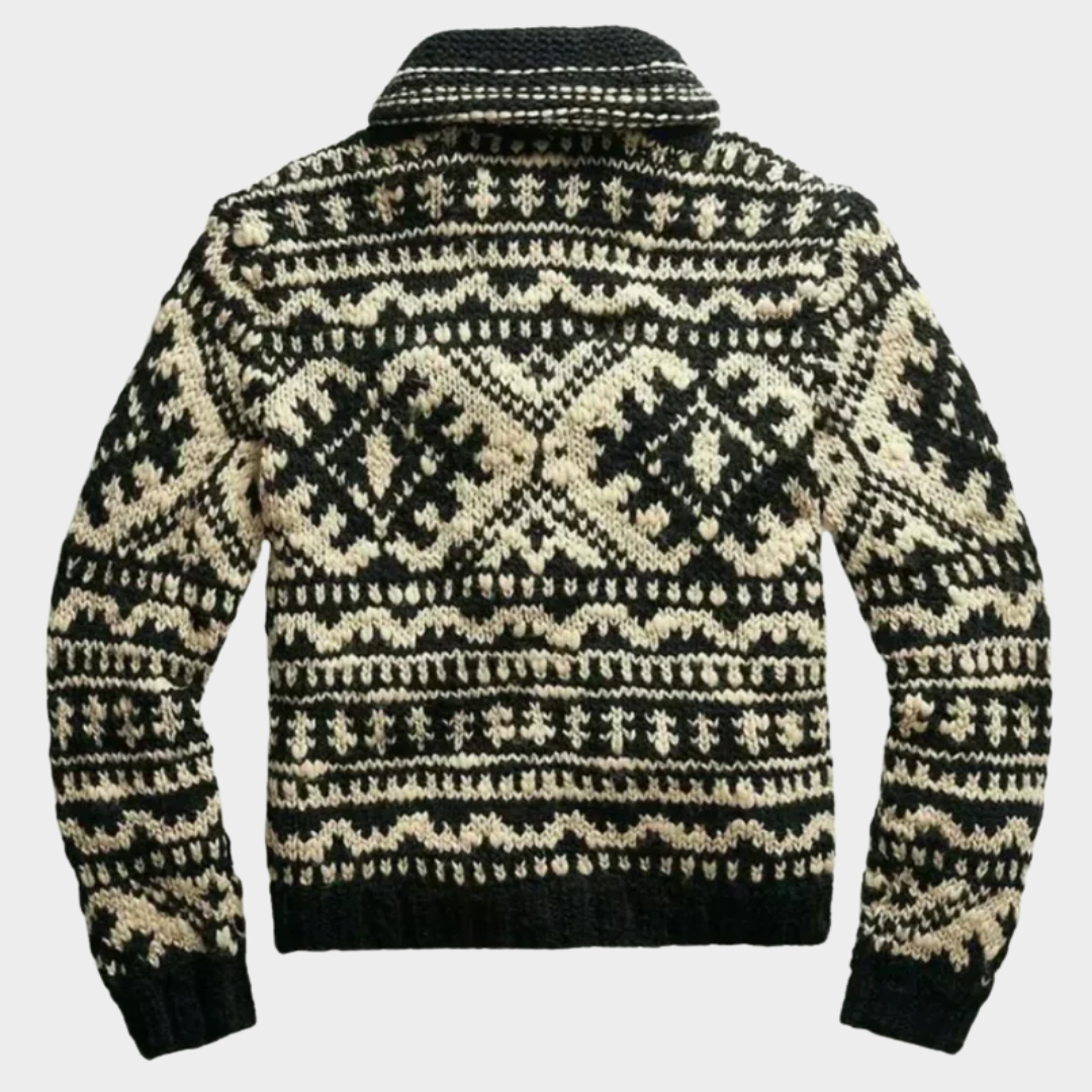 Men’s Knitted Cardigan Sweater – Retro Jacquard Design – Thick & Warm – Lace-Up Waist – Soft & Comfortable