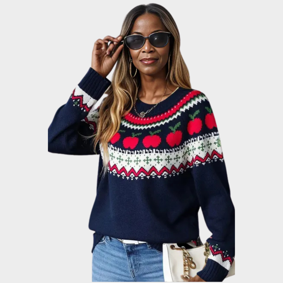Women's Vintage Knitted Winter Sweater – Geometric Jacquard Pattern, Cozy Holiday Look in Beige, Navy Blue, and More