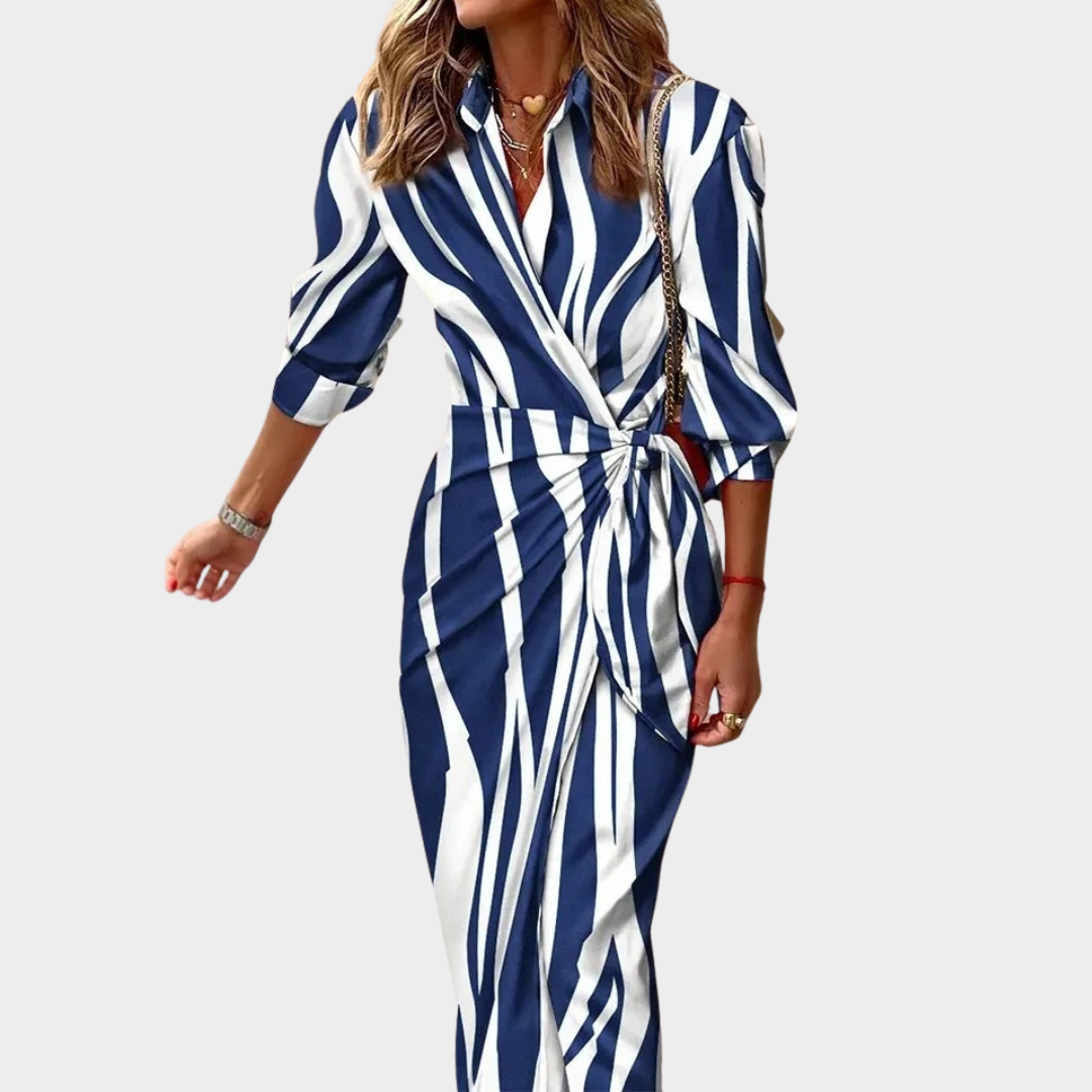 Women's Mid-Length Shirt Dress – Neck Tie Blouse Style with Striped Print – Lightweight Comfortable Fit – Multiple Colours
