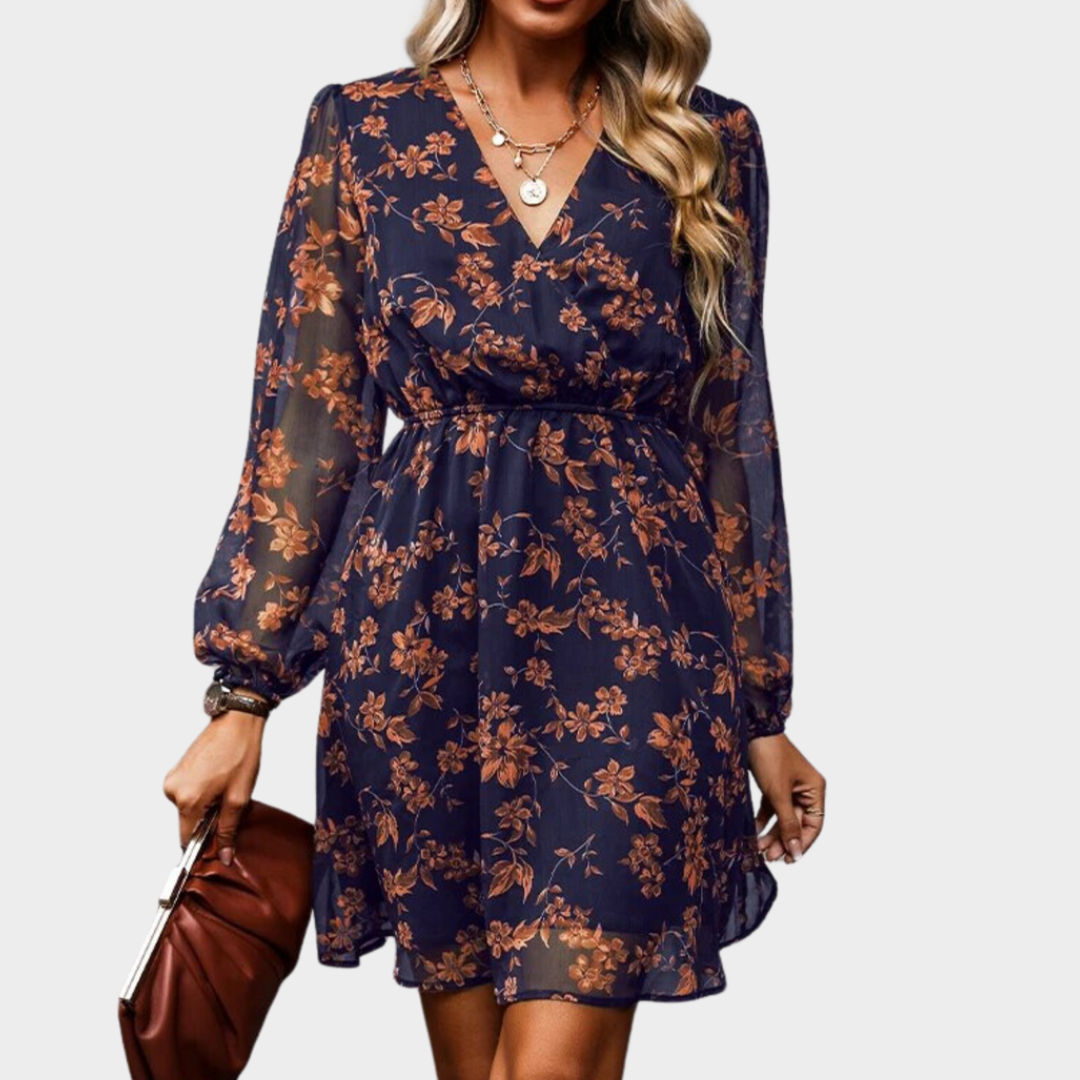 Women’s Mini Dress – V-Neck Floral Chiffon – Long Sleeve Tunic Style – Lightweight Beach Cover Up – Multiple Colours