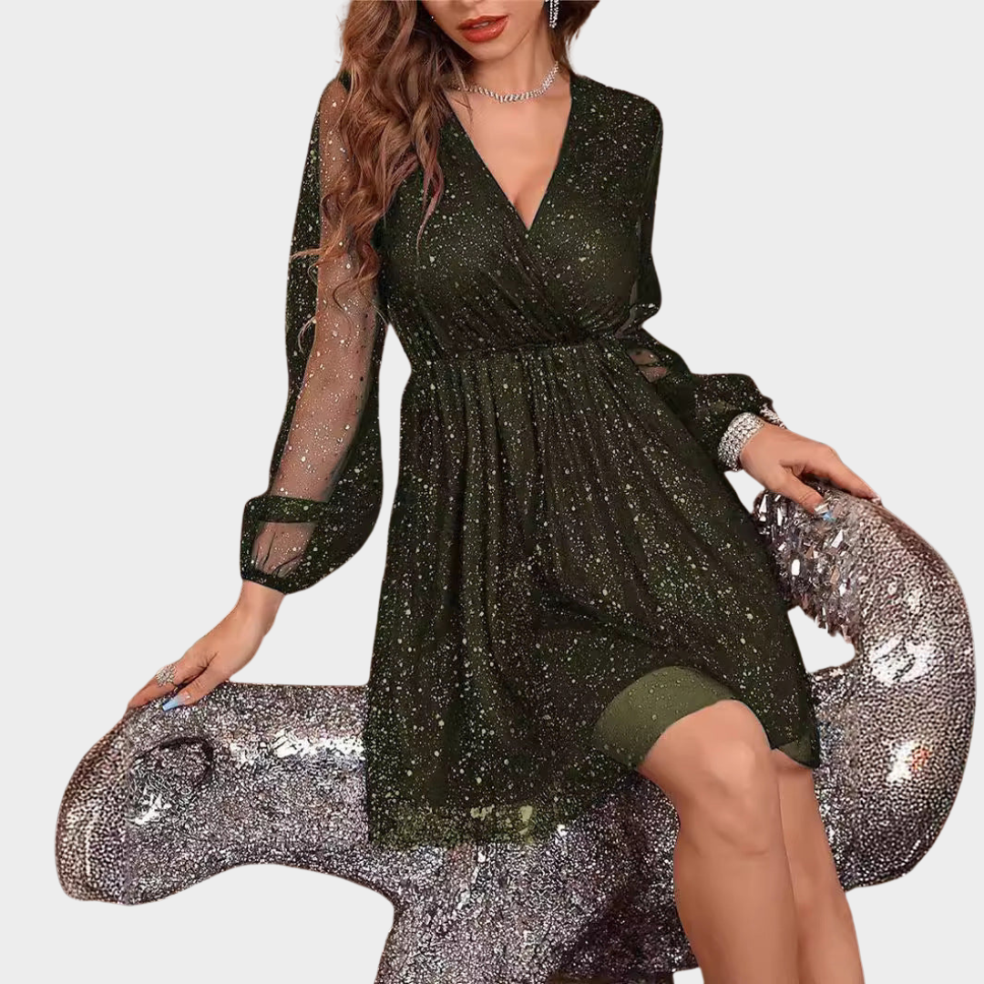 Women's Elegant V-Neck Evening Dress – Three-Quarter Sleeves – Mesh & Gold Splicing – Multiple Colours