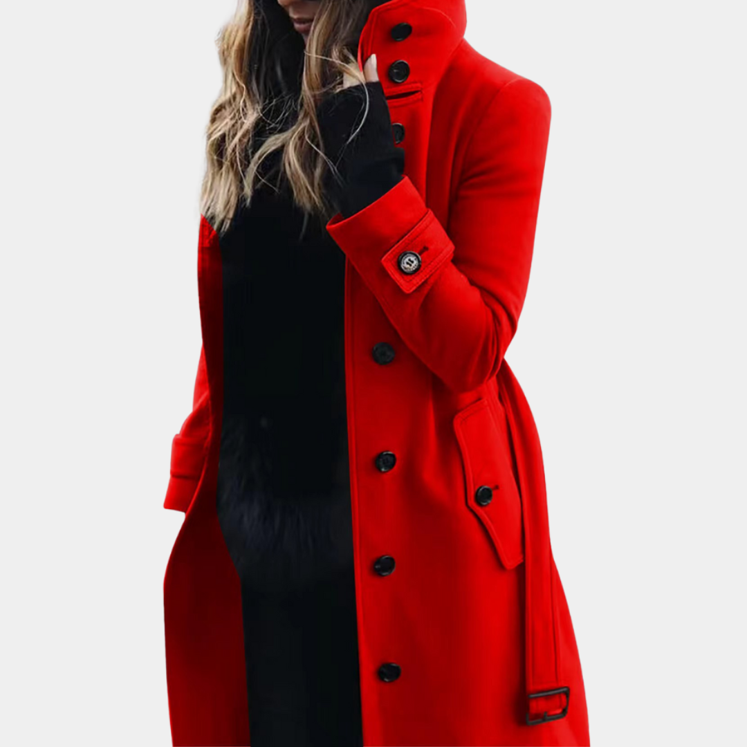 Women's Long Wool Coat – Stand Collar Belted Trench Coat – Button Front with Pockets – Multiple Colours