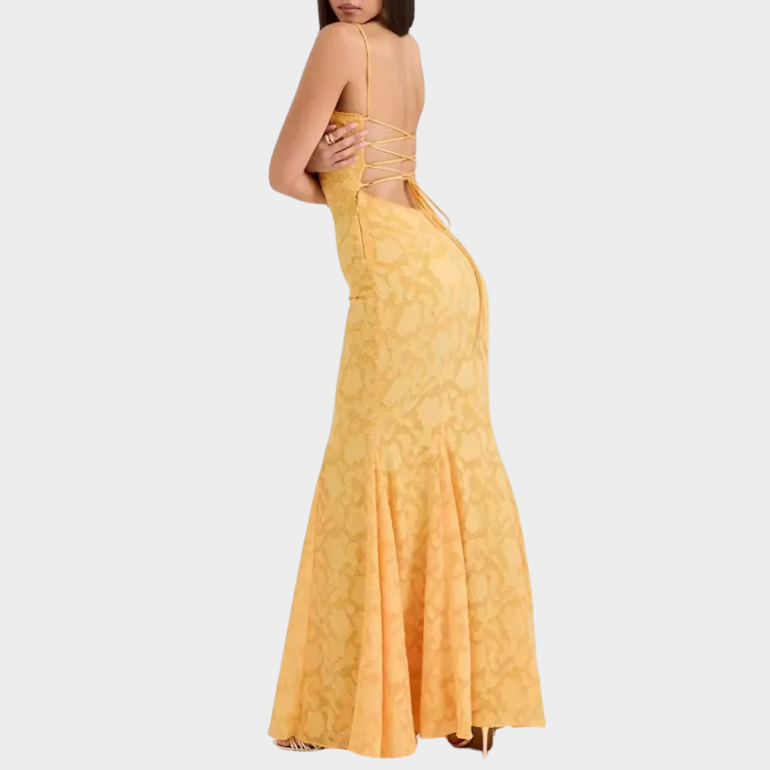 Women’s Strapless Slim Fit Dress – Floral Print Sleeveless Gown with Low Cut Back – Elegant Lightweight Fabric – Yellow