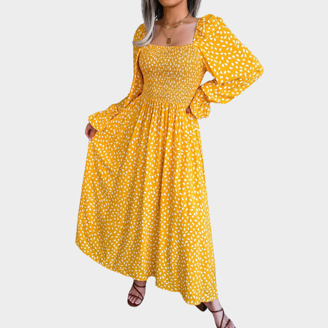 Women’s Cotton Long Sleeve Dress – Square Neck with Trumpet Sleeves and Pleated Skirt – Relaxed Fit Lightweight Holiday Style – Multiple Colours