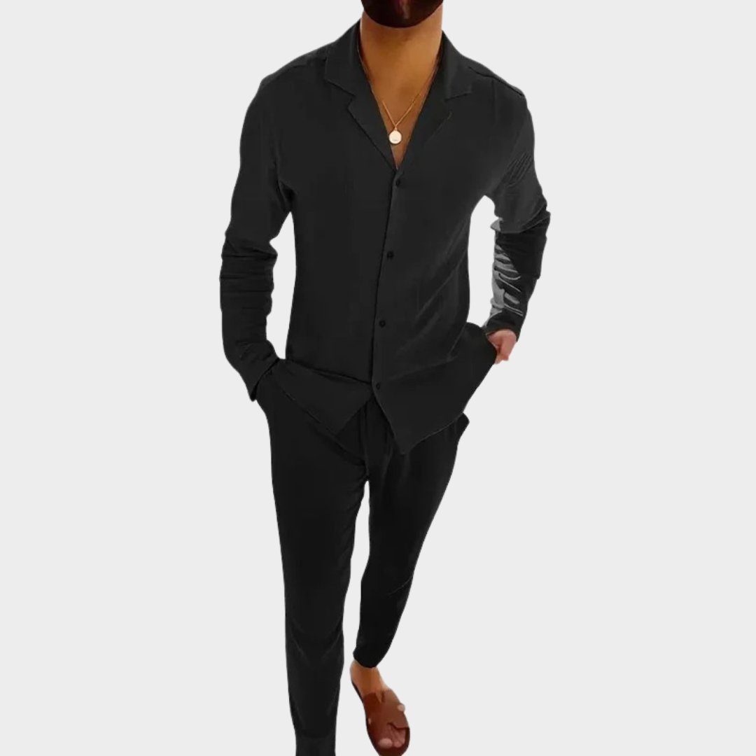 Men’s Two-Piece Tracksuit Set – Slim Fit Long Sleeve Shirt with Drawstring Trousers – Solid Colour Style – Soft Breathable Fabric – Multiple Colours