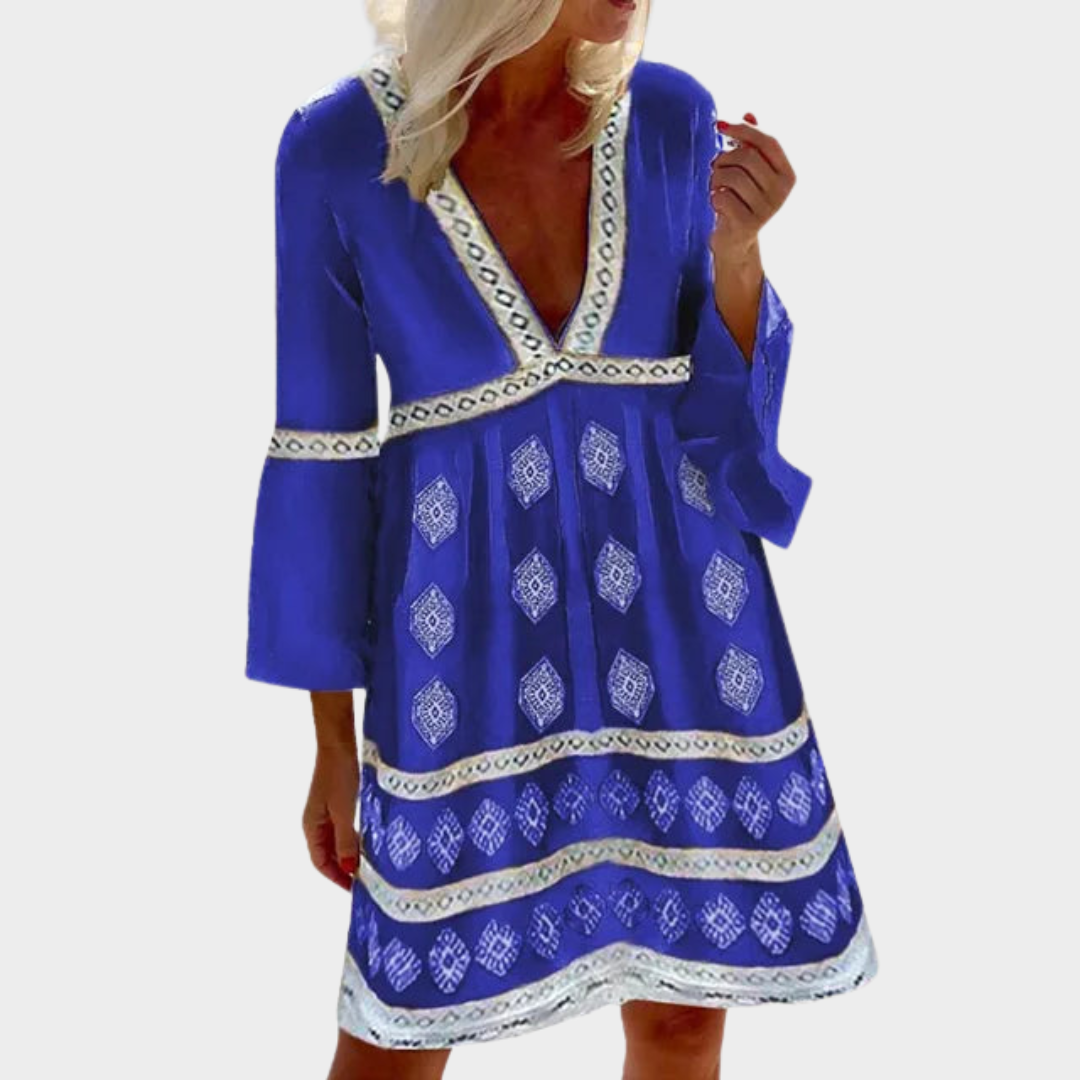 Women's V-Neck Midi Dress – Seven Quarter Sleeve – Printed – Loose Fit – Multiple Colours