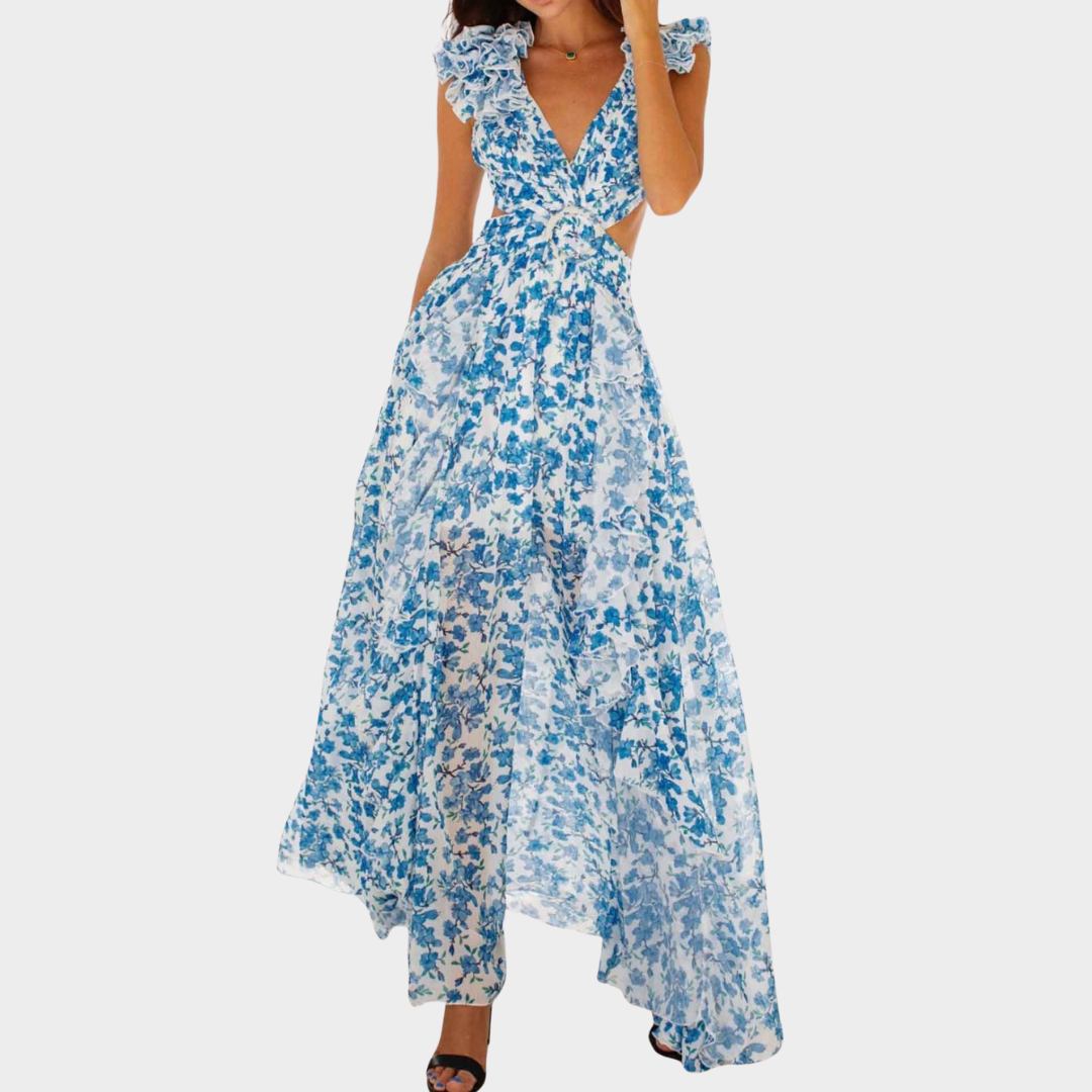Women’s Sleeveless Long Dress – Deep V Neck with Floral Print and Ruffle Detail – Hollow Out Waist, Split Skirt – Lightweight Fabric – Multiple Colours