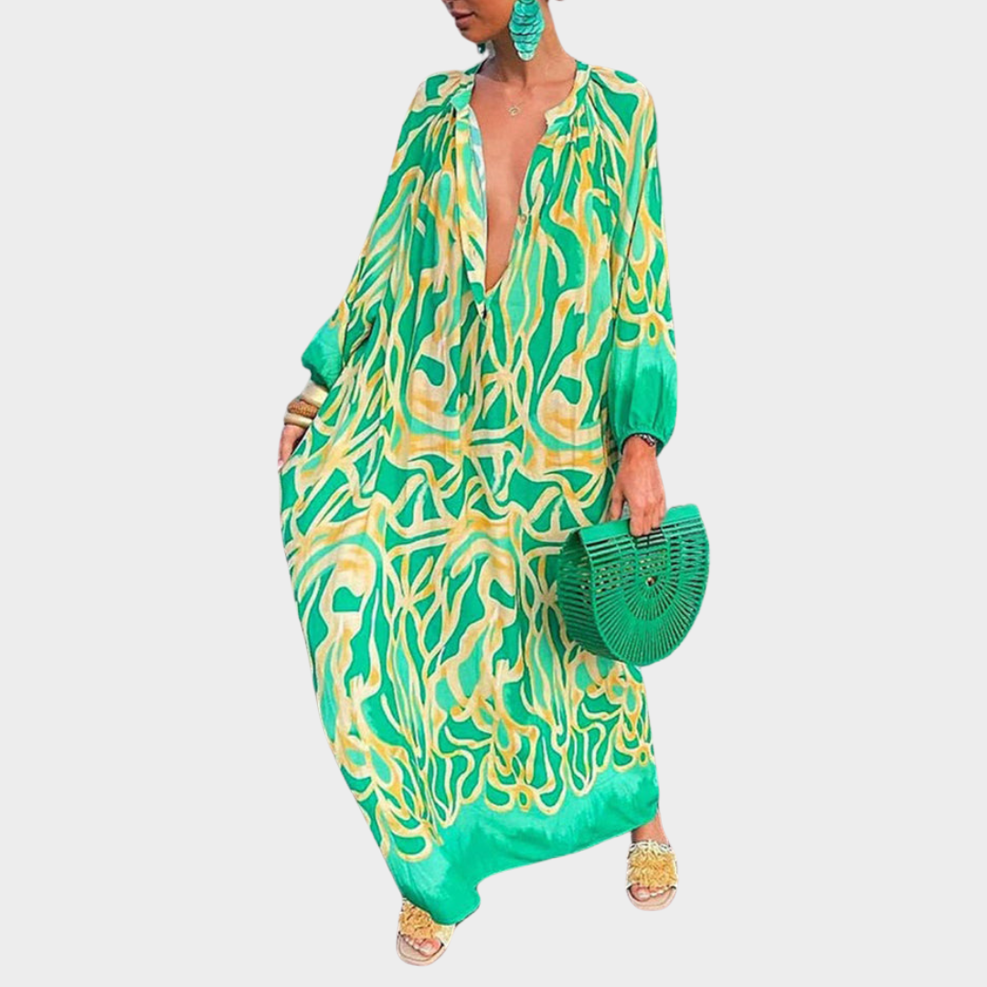 Women's Boho Maxi Dress - Retro Print - V-Neck - Loose Fit - Multiple Colours