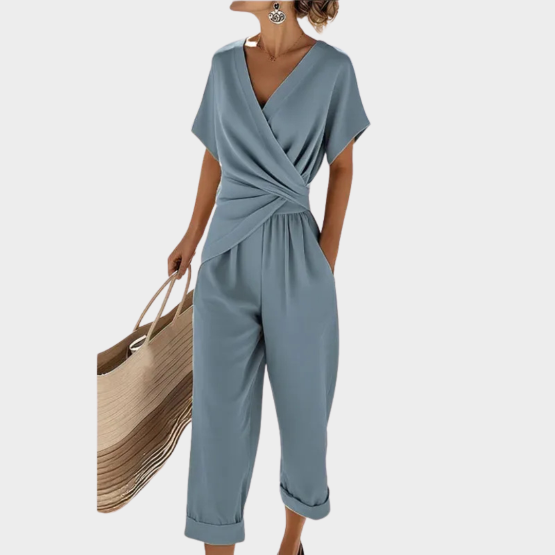 Elegant Two Piece Set – Women Outfit – Wrap Front Top and Cropped Trousers – Tailored Slim Fit Lightweight Fabric – Multiple Colours