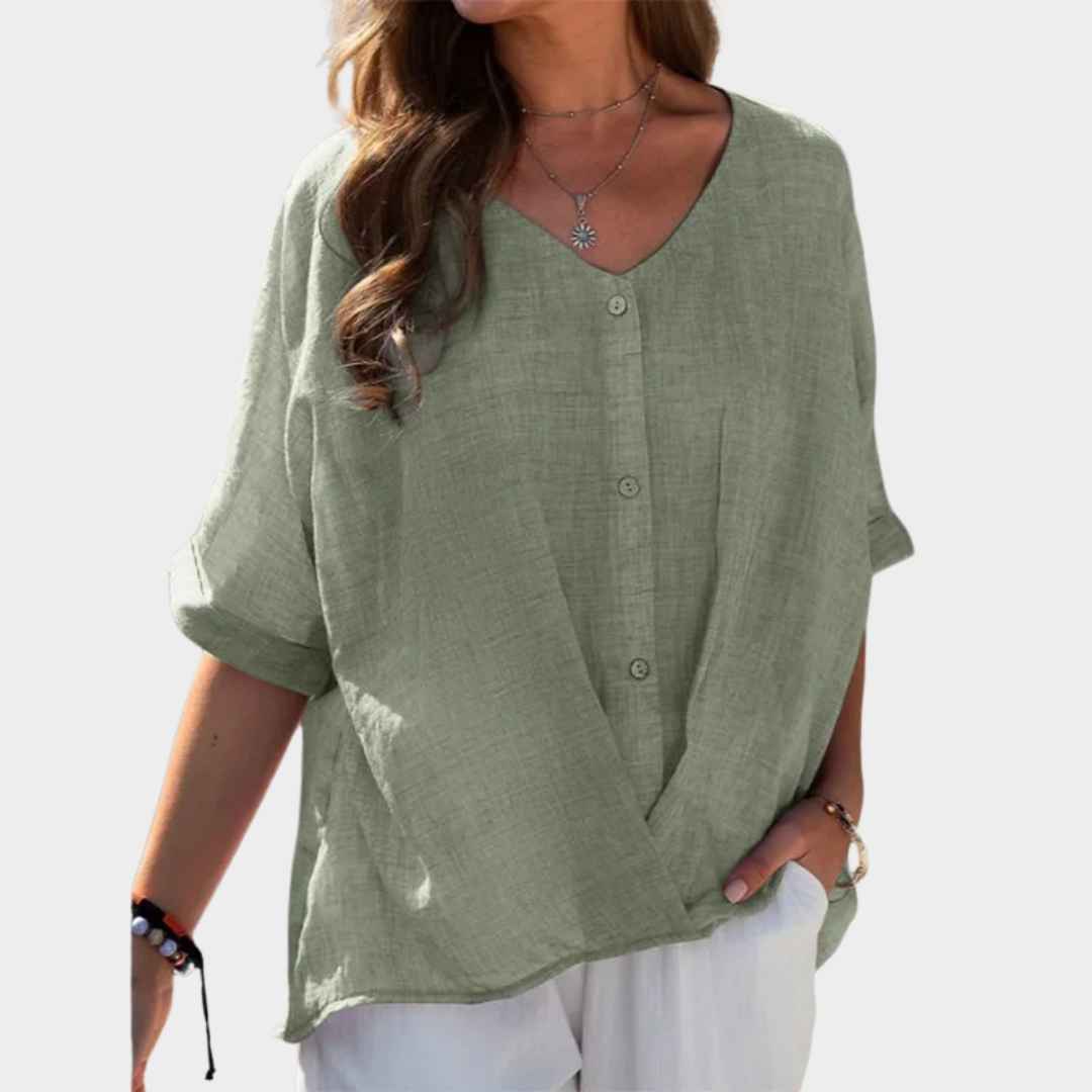 Women’s V-Neck Blouse – Relaxed Fit Button Front Top – Half Sleeve Design – Lightweight Breathable Blend – Multiple Colours