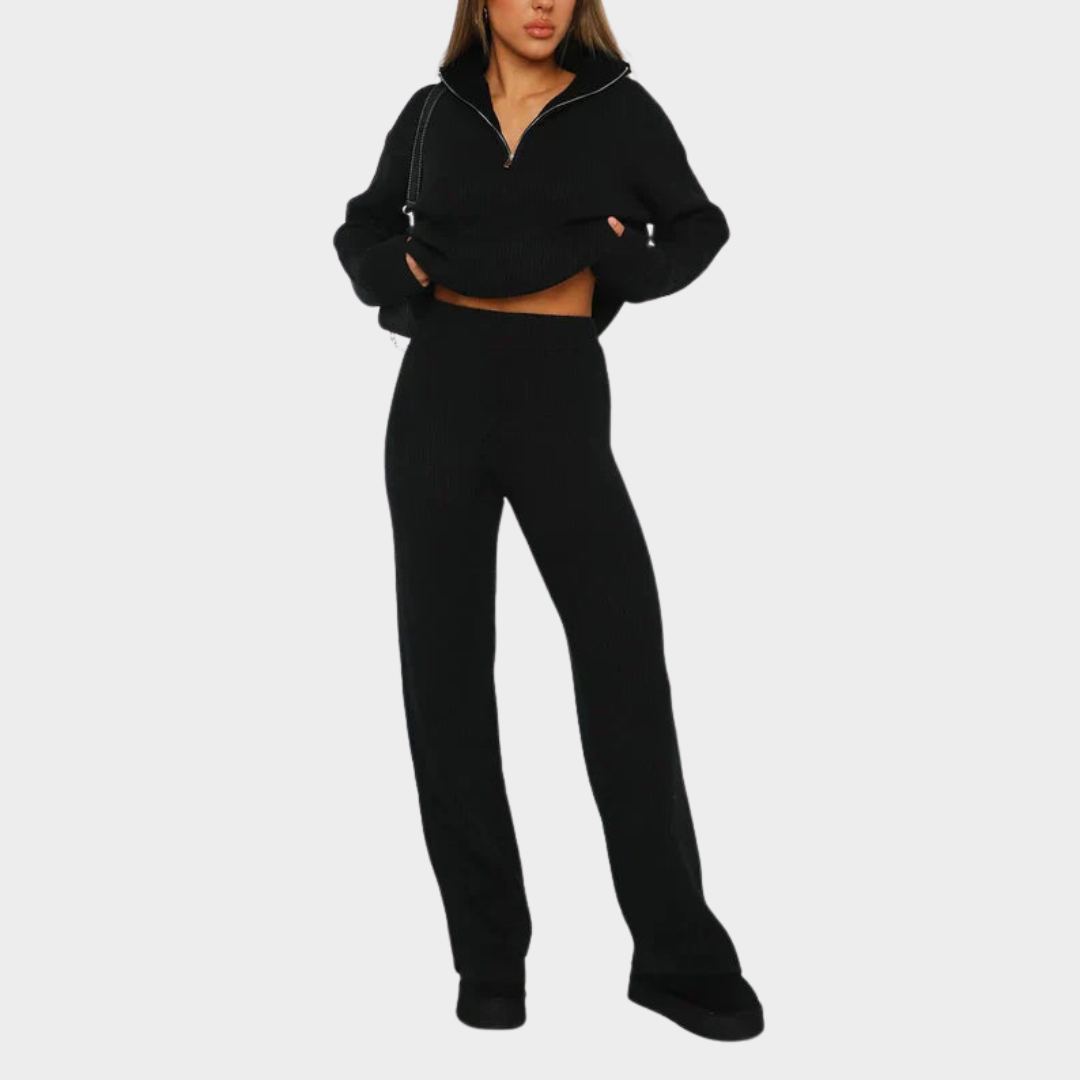 Women's Two-Piece Knitted Set – Long Sleeve – Lapel Collar – Soft Fabric – Multiple Colours