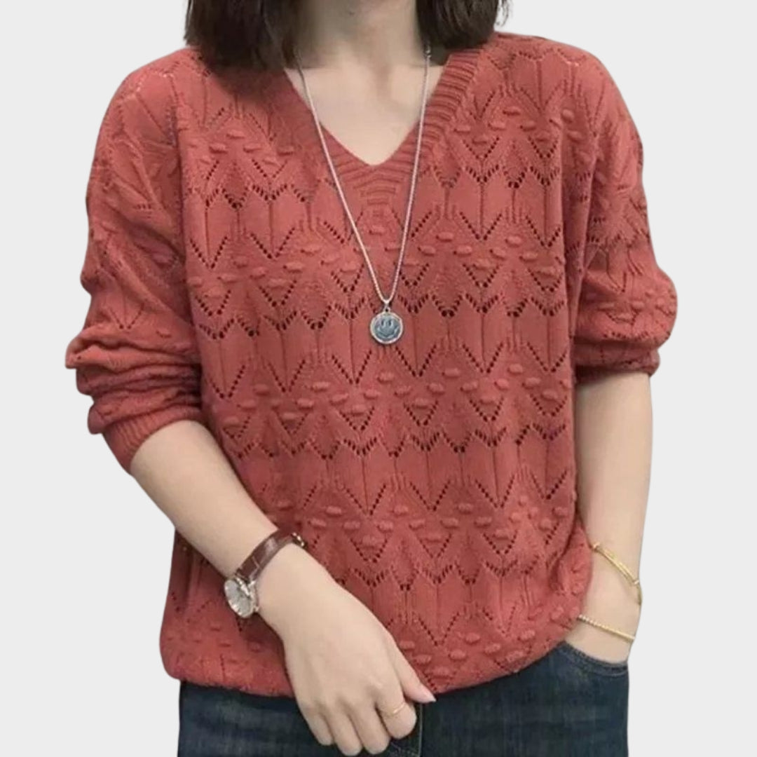 Women’s V-Neck Hollow Out Long Sleeve Knitted Sweater – Loose Fit Spring/Autumn in 5 Colors