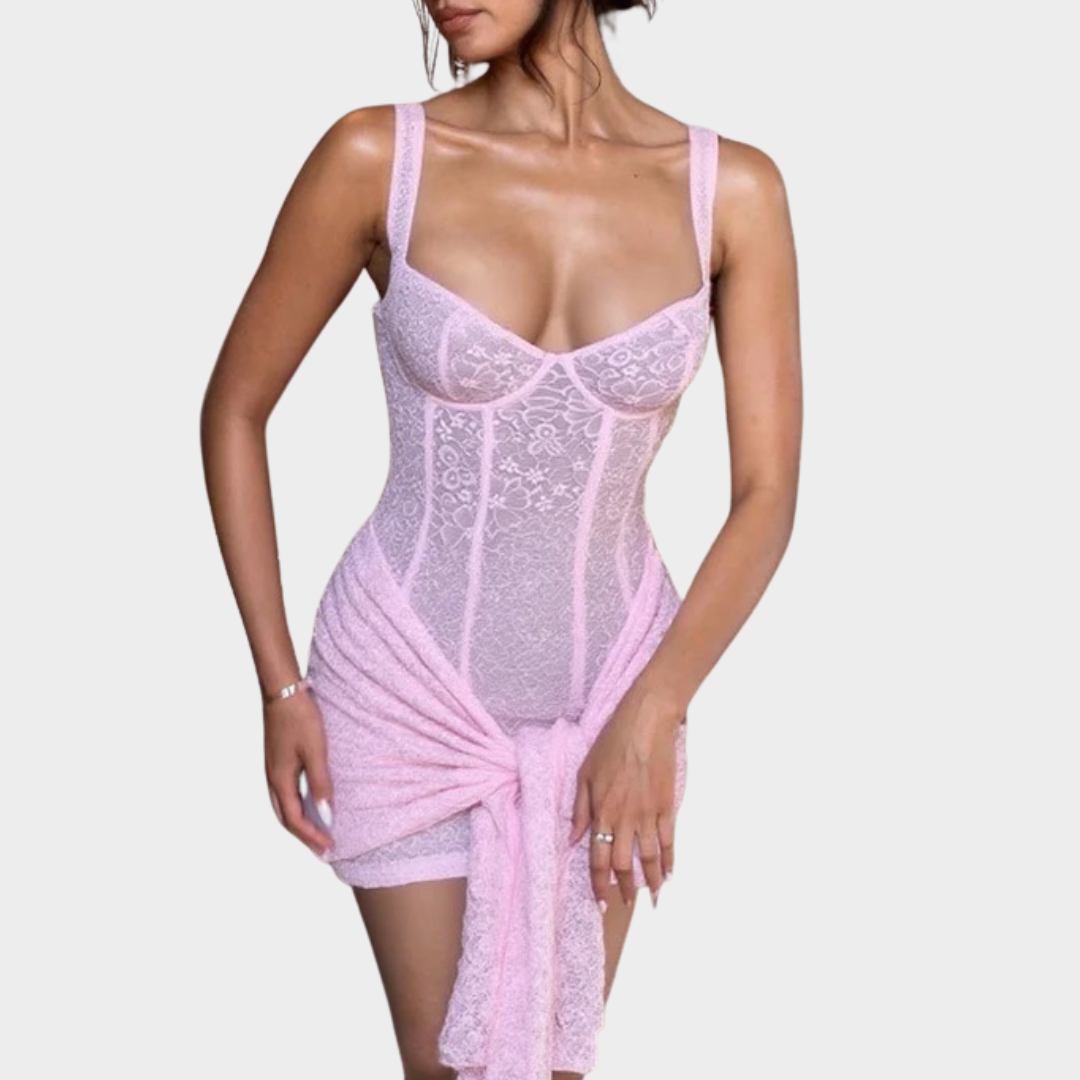 Women Mini Dress – Slim Fit with V-Neck Lace Detailing – Waist Stitching – Adjustable Straps – Hip Hugging Design – Elegant Party Wear – Multiple Colours