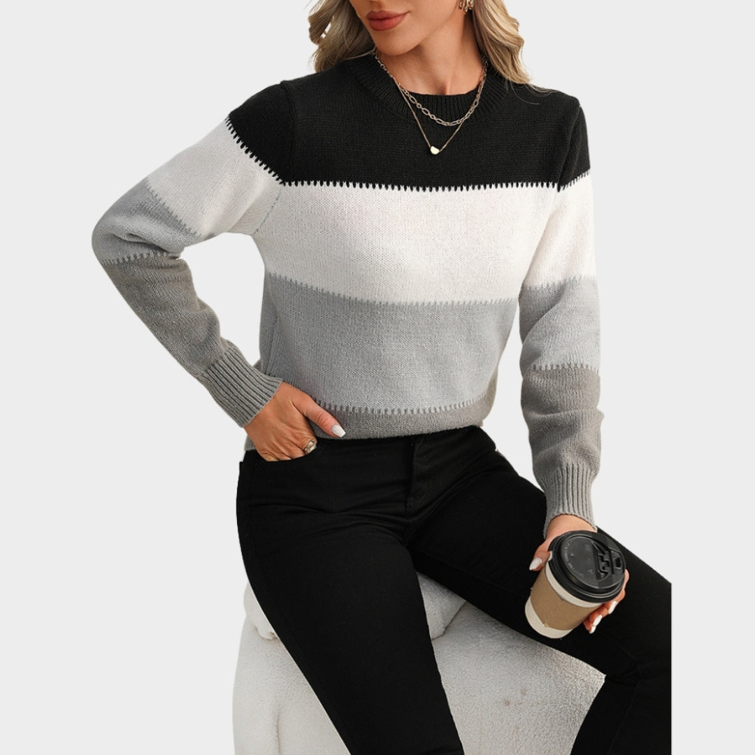 Women’s Knitted Sweater - Soft Contrast Color Pullover, Casual Fall Winter Fashion